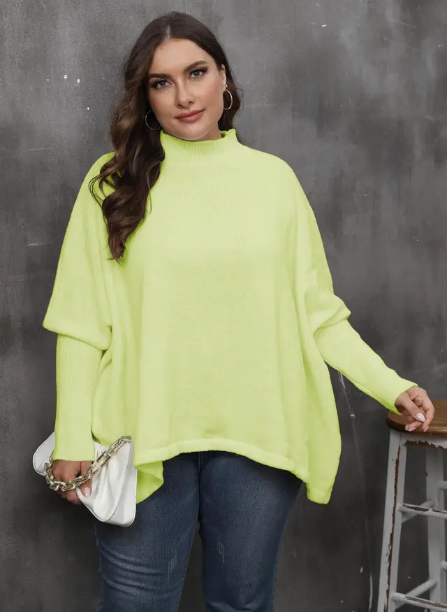 Women's Pullover Plus Size Loose Split Batwing Sleeve Half Collar Top Lemon Green - Shop at LoveMi