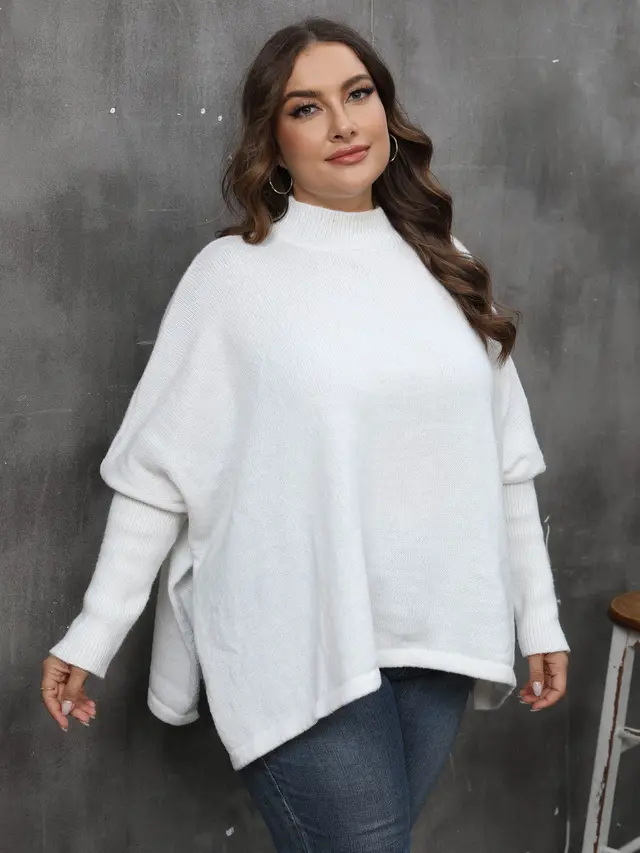 Women's Pullover Plus Size Loose Split Batwing Sleeve Half Collar Top White - Shop at LoveMi