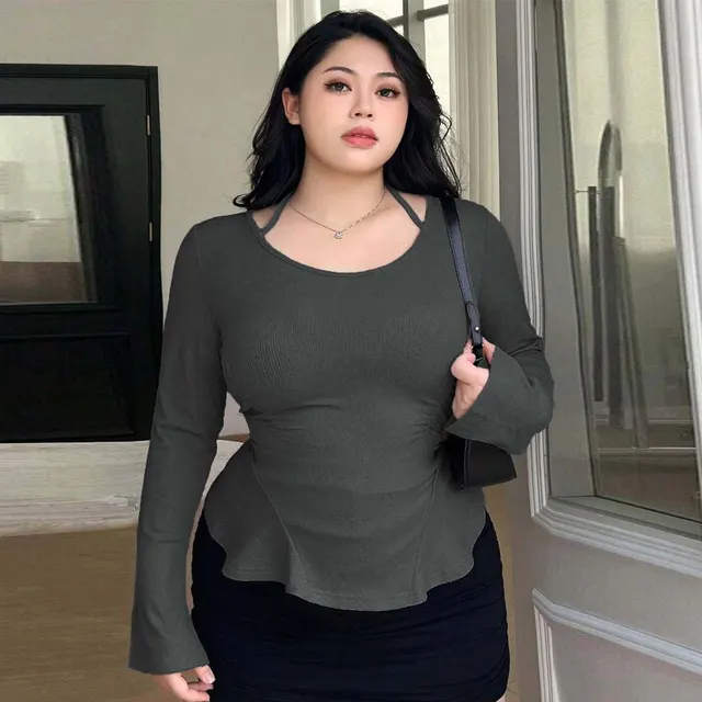 Women's Sexy Pure Style T shirt U neck Long sleeved Elegant Slim Top Gray - Shop at LoveMi