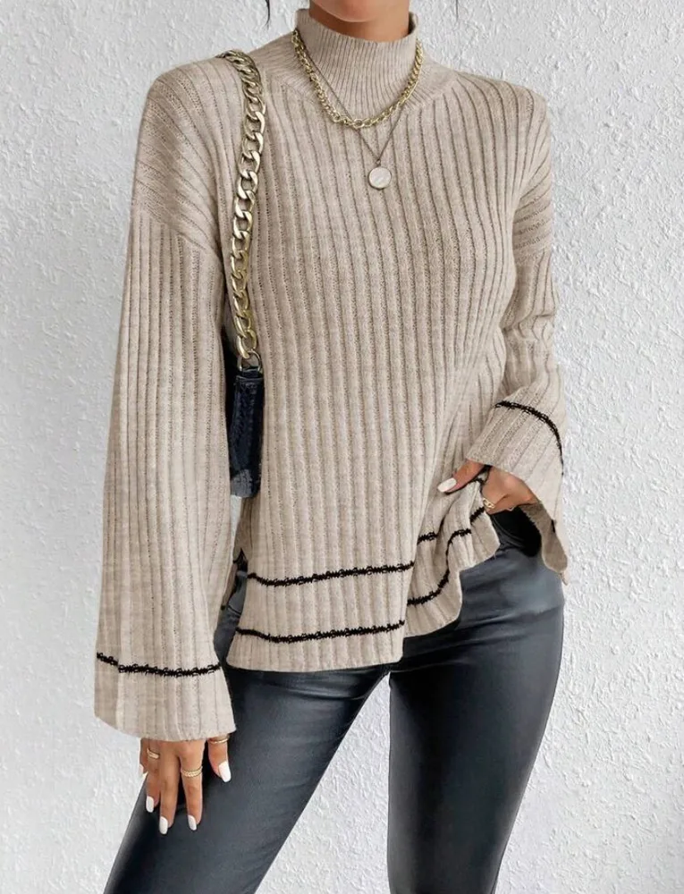 Casual Patchwork Contrast Color Loose Long Sleeve Apricot - Shop at LoveMi