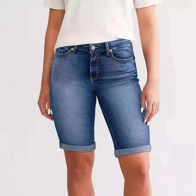 New Women's Slim Fit All match Foot Button Denim Shorts Navy Blue - Shop at LoveMi