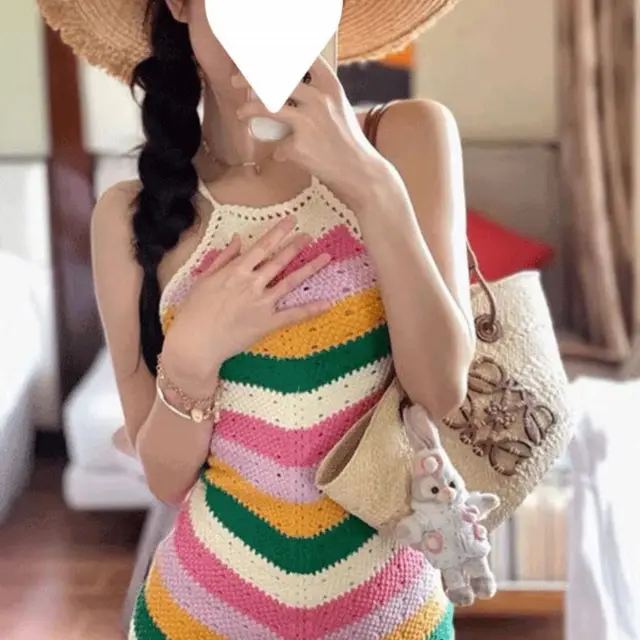 Colorful Striped Off the shoulder Hollow out Halter Knitted Dress Colored Stripes - Shop at LoveMi