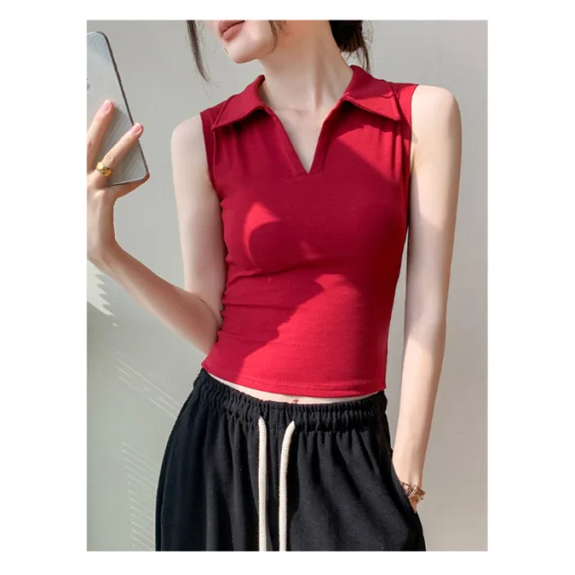 New Outdoor Slim Fit Slimming White Lapel Inner Wear Blouse Red - Shop at LoveMi