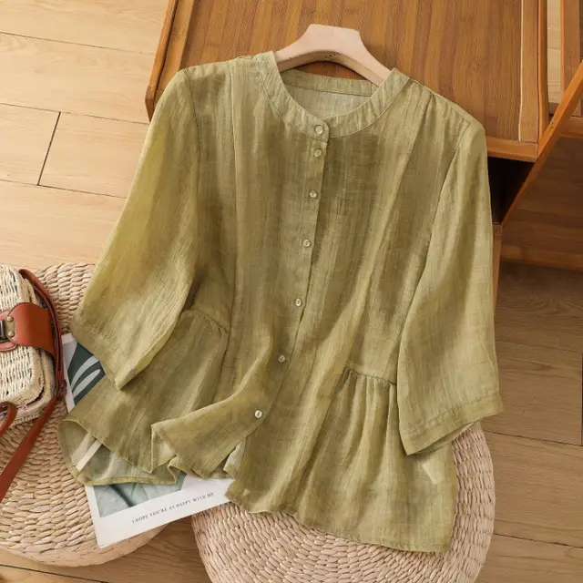 New Loose Slimming Temperament Casual Cotton Linen Top Green - Shop at LoveMi