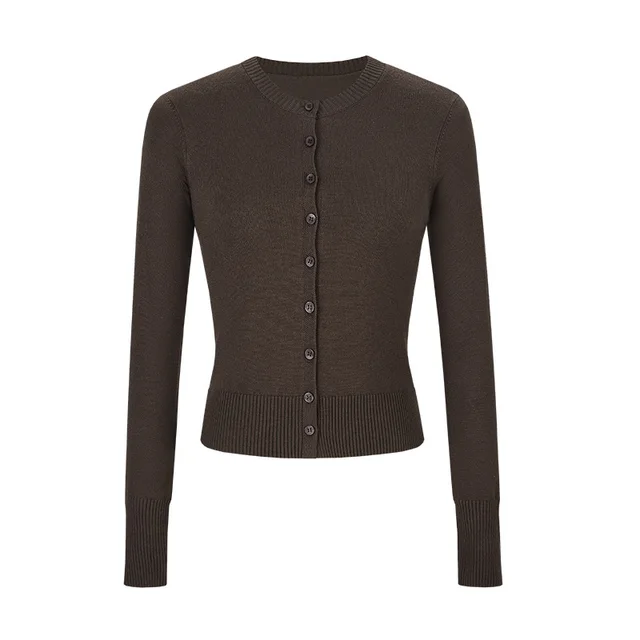 Women's Autumn Short Thin Coat Long sleeved Sweater Dark Coffee Color - Shop at LoveMi