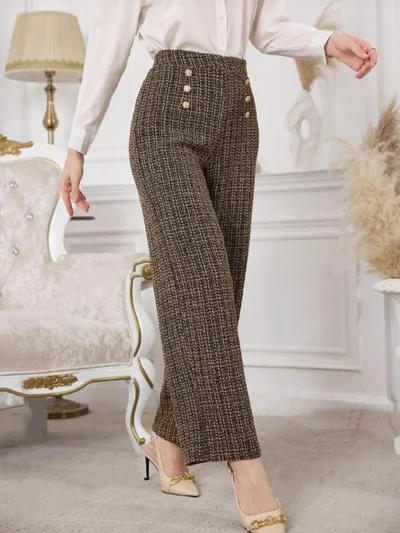 Versatile Classic Style Plaid Double breasted Tweed High Waist Slimming Wide leg Pants Brown - Shop at LoveMi