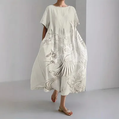 Casual Digital Printing Pattern Round Neck Pullover Short Sleeve Loose Dress White - Shop at LoveMi