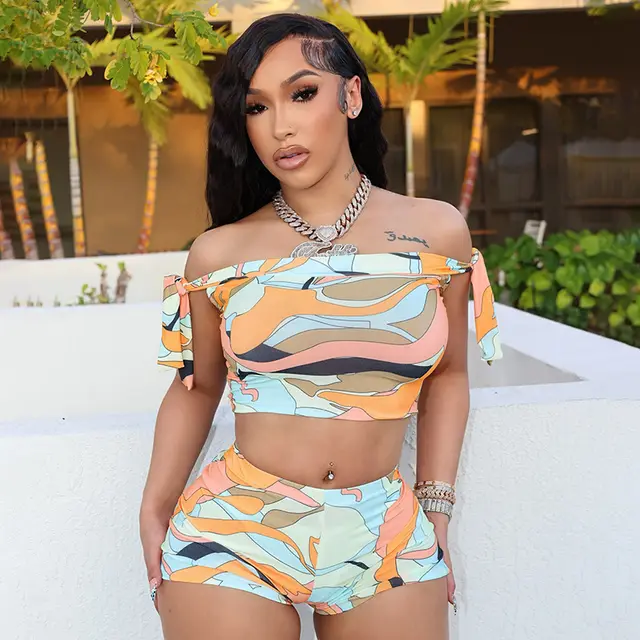 Color Floral print Off shoulder Tied Top Tight Shorts Two piece Suit Blue - Shop at LoveMi