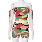 Color Floral-print Off-shoulder Tied Top Tight Shorts Two-piece Suit - Green