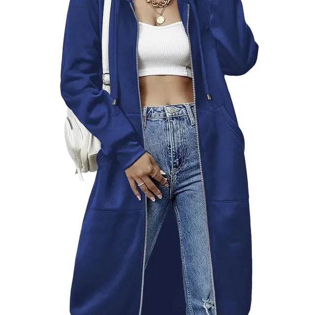 Women'S Casual Long Zip Hoodie Sweatshirt With Drawstring H Blue - Shop at LoveMi