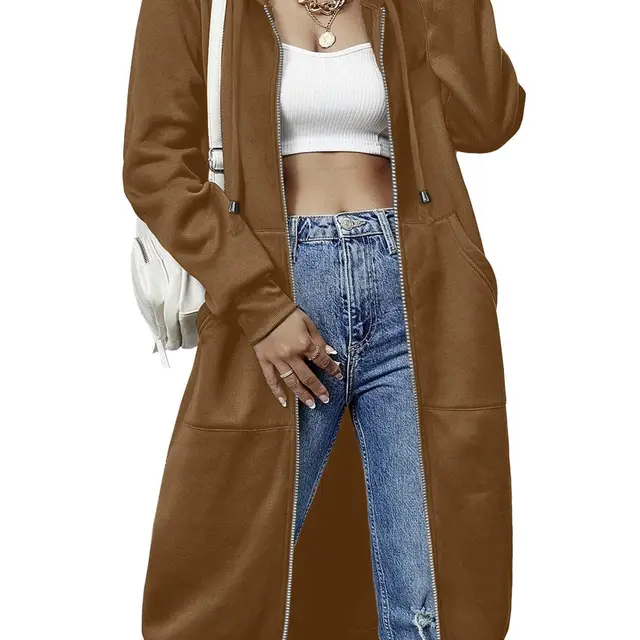 Women'S Casual Long Zip Hoodie Sweatshirt With Drawstring H Camel - Shop at LoveMi