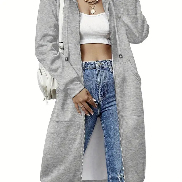 Women'S Casual Long Zip Hoodie Sweatshirt With Drawstring H Lightgrey - Shop at LoveMi