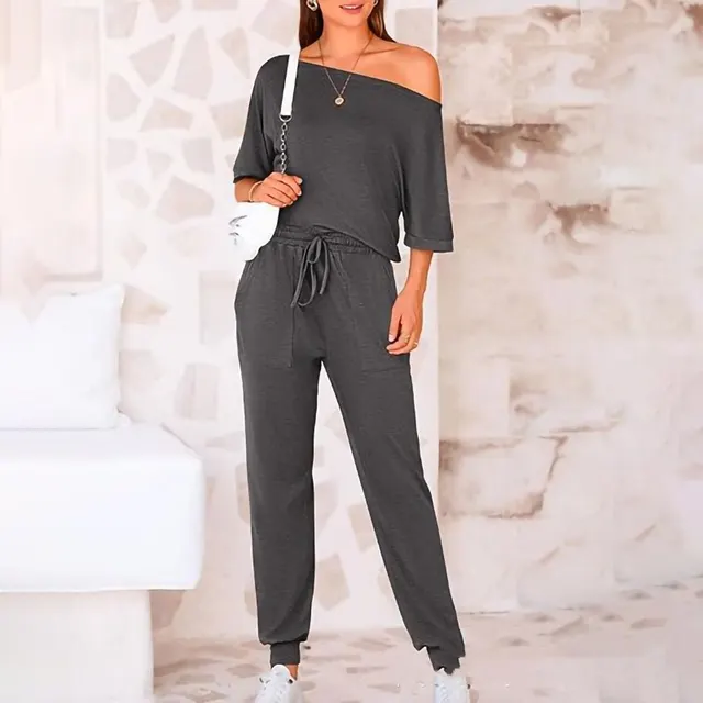Oblique Shoulder Five point Pants Solid Color Trousers Suit Dark Gray - Shop at LoveMi