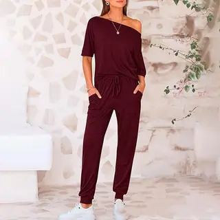 Oblique Shoulder Five-point Pants Solid Color Trousers Suit - Dark Red