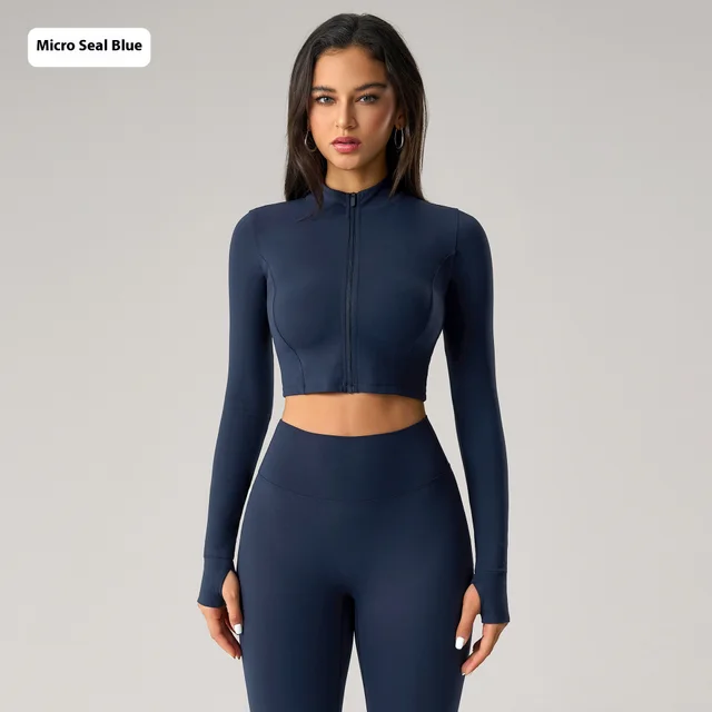 Skinny Short Zipped Sports Coat Women Badge Blue - Shop at LoveMi