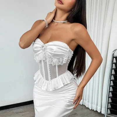 Pearl Rhinestone Lace Backless Tube Top White - Shop at LoveMi
