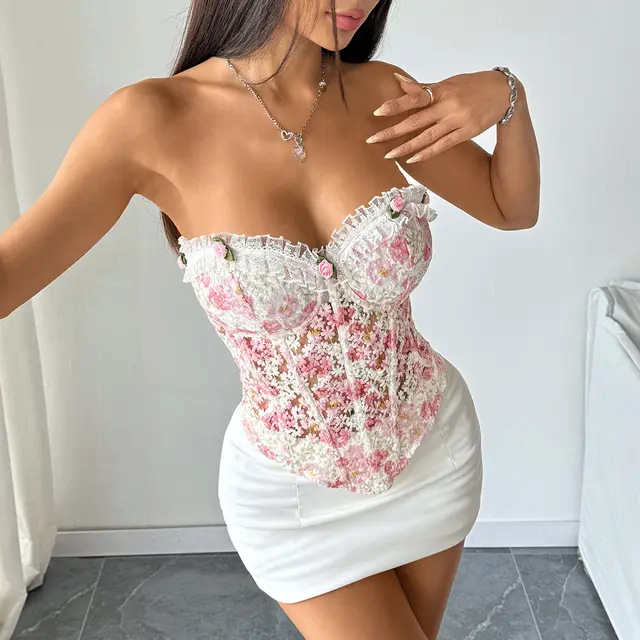 Flower Embroidery Lace Semi transparent Rope Backless Tube Top Pink With Chest Cotton - Shop at LoveMi