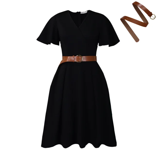 New V neck Bell Sleeve Casual A Line Women's Dress Black Belt - Shop at LoveMi
