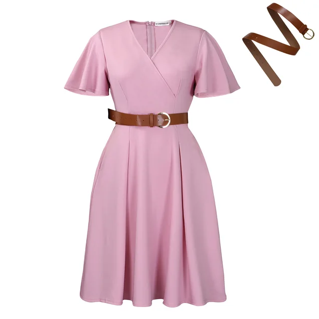New V neck Bell Sleeve Casual A Line Women's Dress Pink Belt - Shop at LoveMi