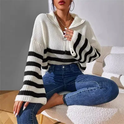 New Striped Contrast Color Stand up Collar Knitted Pullover Sweater Outerwear Women Tan - Shop at LoveMi