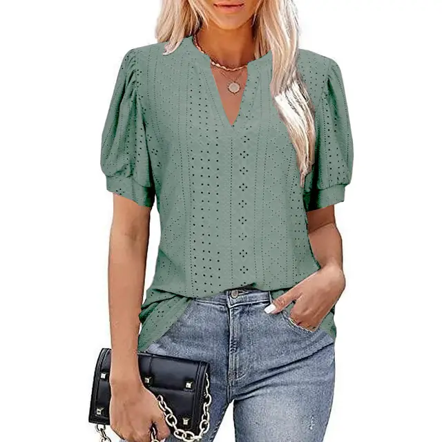 Casual V neck Solid Color Hollow Puff Sleeve Loose T shirt Dark Green - Shop at LoveMi