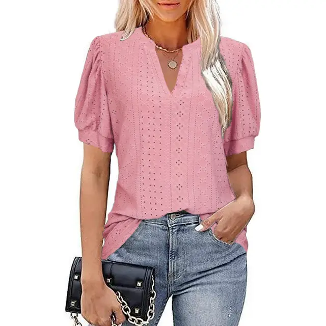 Casual V neck Solid Color Hollow Puff Sleeve Loose T shirt Pink - Shop at LoveMi