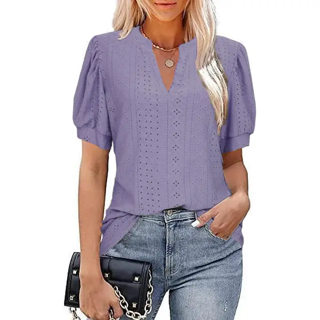 Casual V neck Solid Color Hollow Puff Sleeve Loose T shirt Purple - Shop at LoveMi