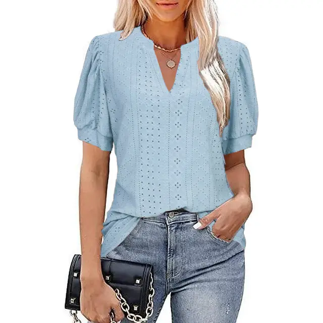 Casual V neck Solid Color Hollow Puff Sleeve Loose T shirt Sky Blue - Shop at LoveMi
