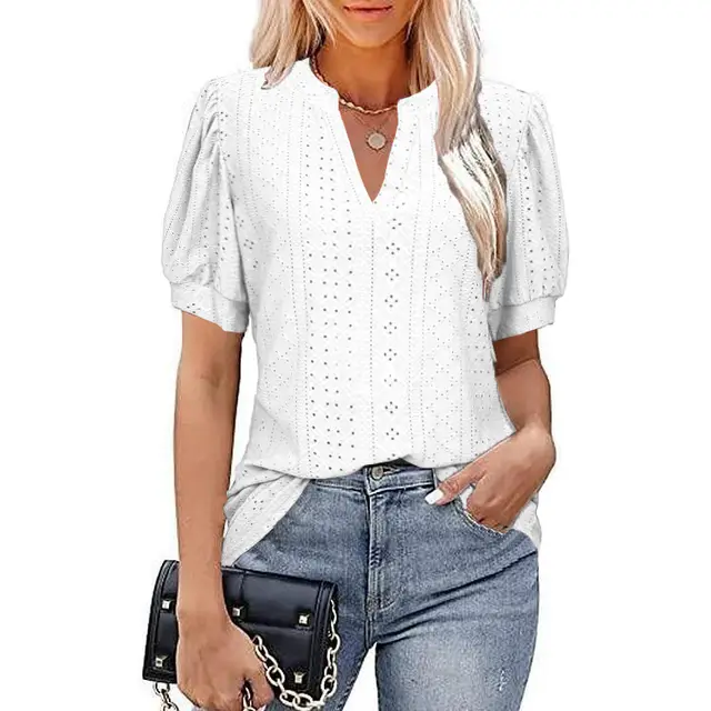Casual V neck Solid Color Hollow Puff Sleeve Loose T shirt White - Shop at LoveMi