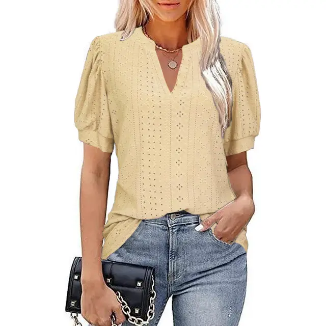 Casual V neck Solid Color Hollow Puff Sleeve Loose T shirt Yellow - Shop at LoveMi
