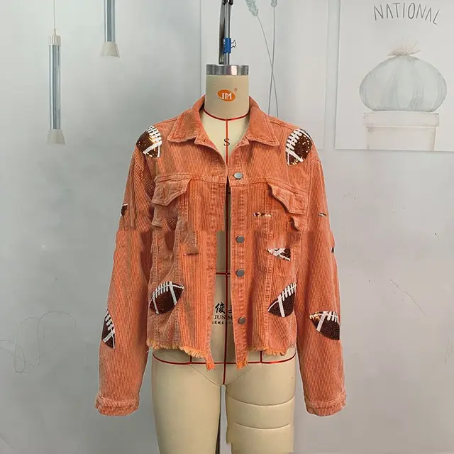 Sequined Embroidered Corduroy Rugby Wear Top Orange In Stock - Shop at LoveMi