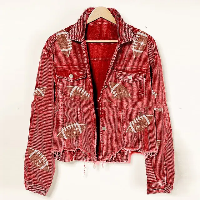 Sequined Embroidered Corduroy Rugby Wear Top Red In Stock - Shop at LoveMi