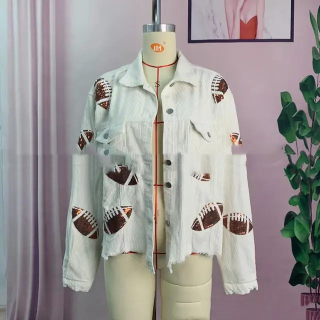 Sequined Embroidered Corduroy Rugby Wear Top White In Stock - Shop at LoveMi