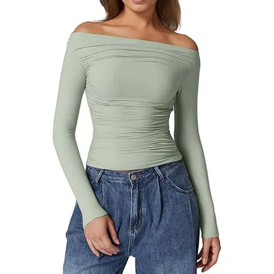 European And American Women's Clothing Top Off shoulder Long Sleeve T shirt Green - Shop at LoveMi