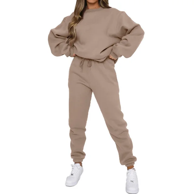 Crew Neck Pullover Sweatshirt Fleece lined Fashion Casual Sweater Sweatpants Two piece Set Apricot - Shop at LoveMi