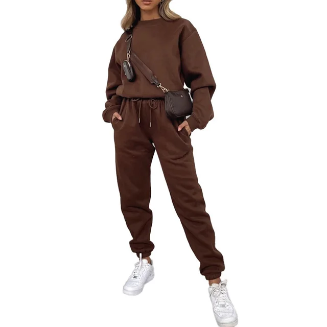 Crew Neck Pullover Sweatshirt Fleece lined Fashion Casual Sweater Sweatpants Two piece Set Brown - Shop at LoveMi