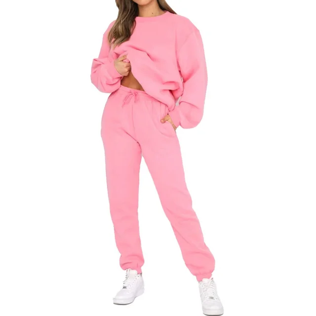 Crew Neck Pullover Sweatshirt Fleece lined Fashion Casual Sweater Sweatpants Two piece Set Pink - Shop at LoveMi
