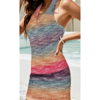 Popular Sexy Rainbow Knitted Dress Women Gradient Purple Color - Shop at LoveMi