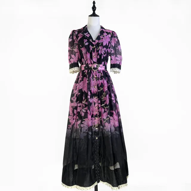 Lace Ruffled Short Sleeves Printed Style Dress Black Purple Flower - Shop at LoveMi