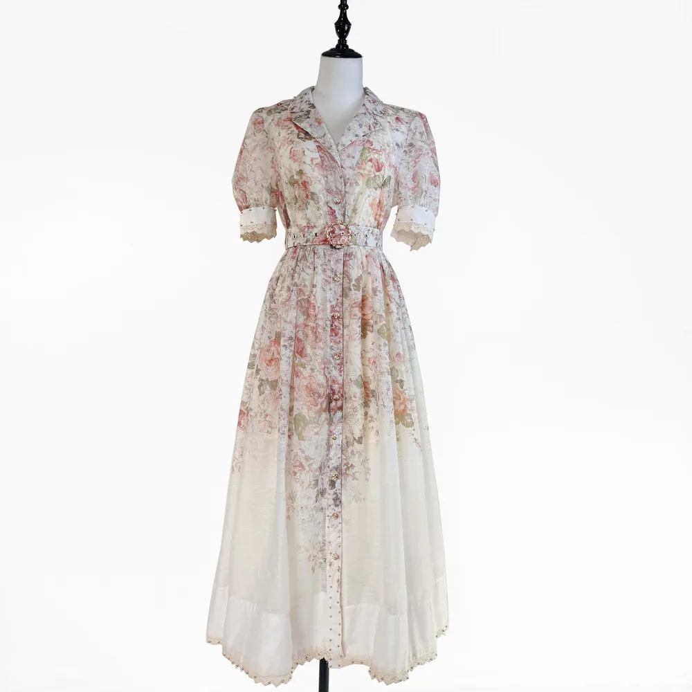 Lace Ruffled Short Sleeves Printed Style Dress Pink - Shop at LoveMi