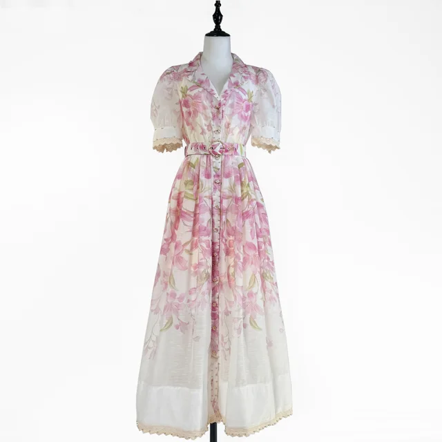 Lace Ruffled Short Sleeves Printed Style Dress Pink - Shop at LoveMi