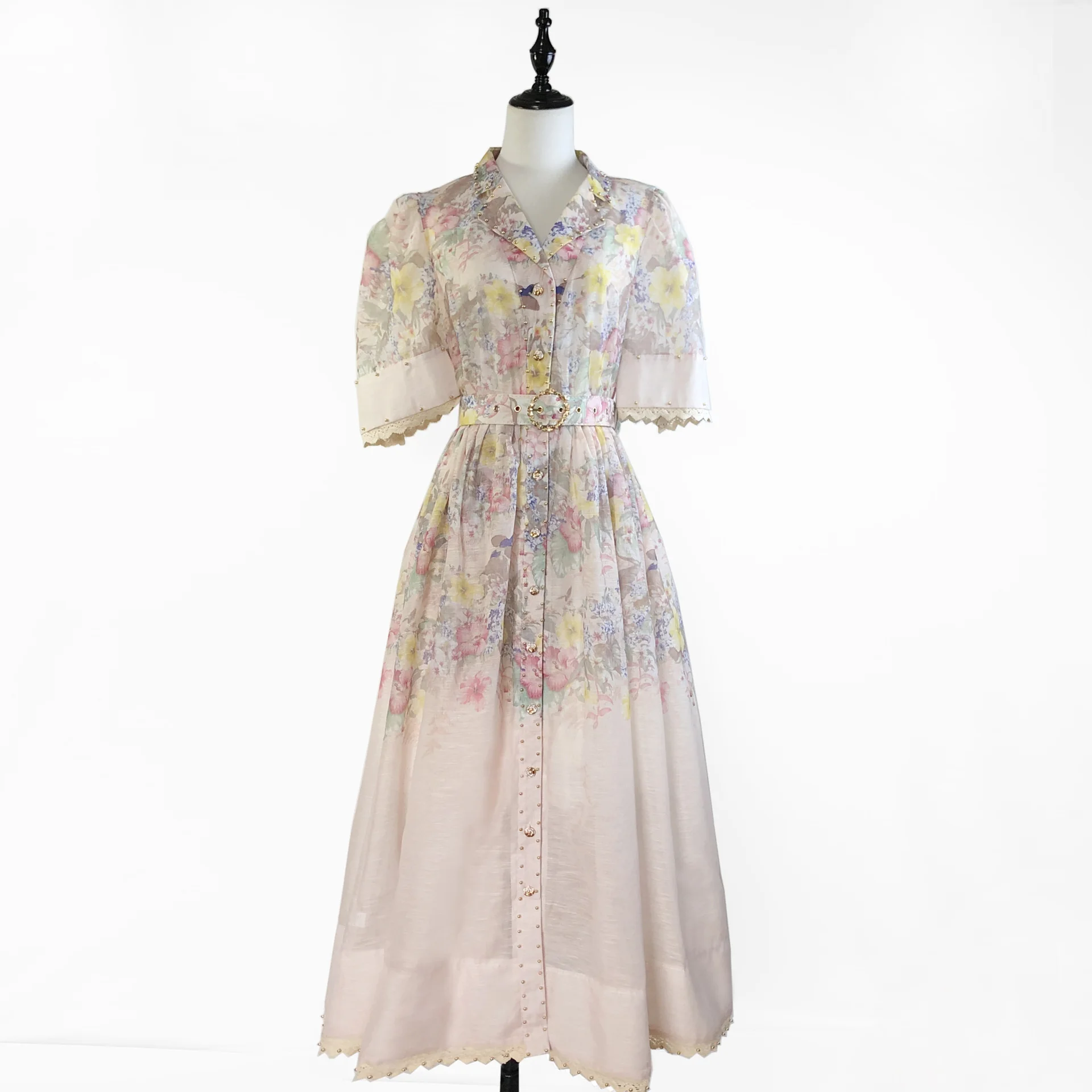 Lace Ruffled Short Sleeves Printed Style Dress - Yellow And Pink Flowers