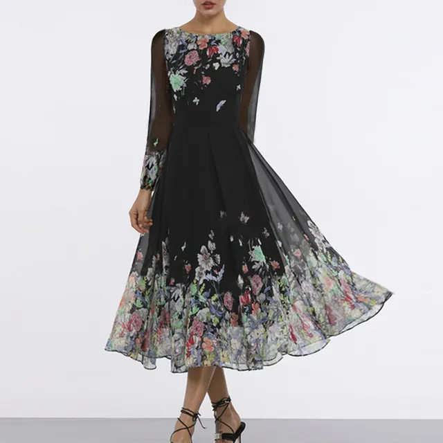 New Women's Clothing Dress Sexy Cutout Slim fit Long sleeved Large Swing Skirt Black - Shop at LoveMi