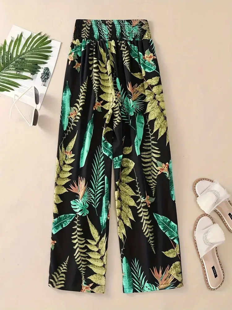 Casual Flower Pants Spring And Summer Thin High Waist Slimming Ice Silk Elastic Floral Straight - Green - View 1