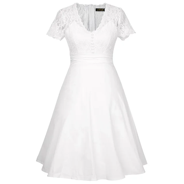 Autumn And Winter V neck Sexy Short Sleeve Lace Hollow Dress White - Shop at LoveMi