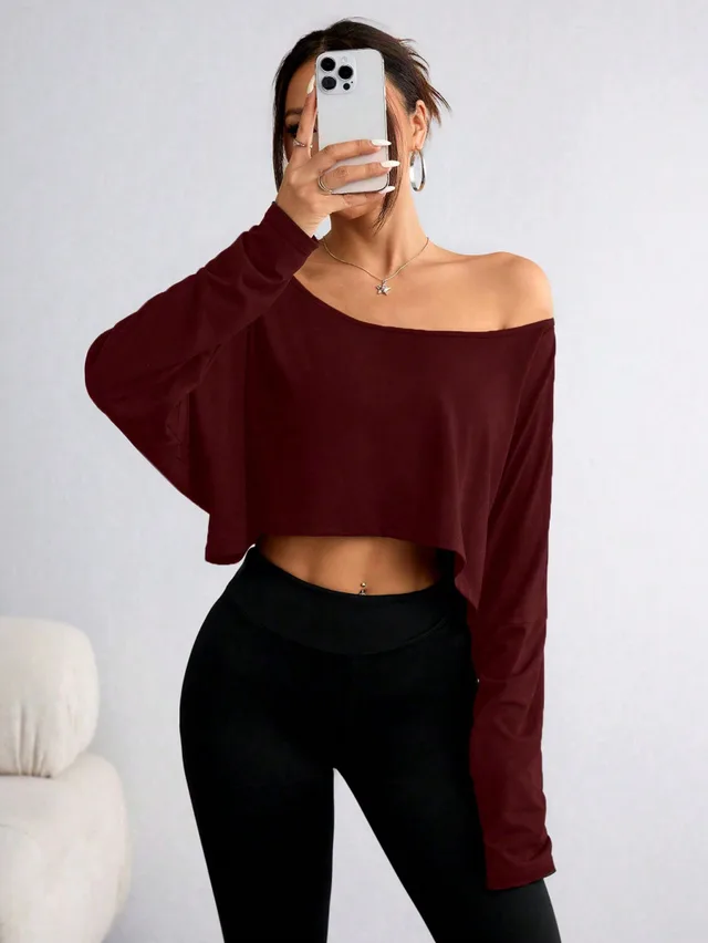 Fashion Off shoulder Loose Bottoming Top T shirt Ice Feeling Wine Red - Shop at LoveMi