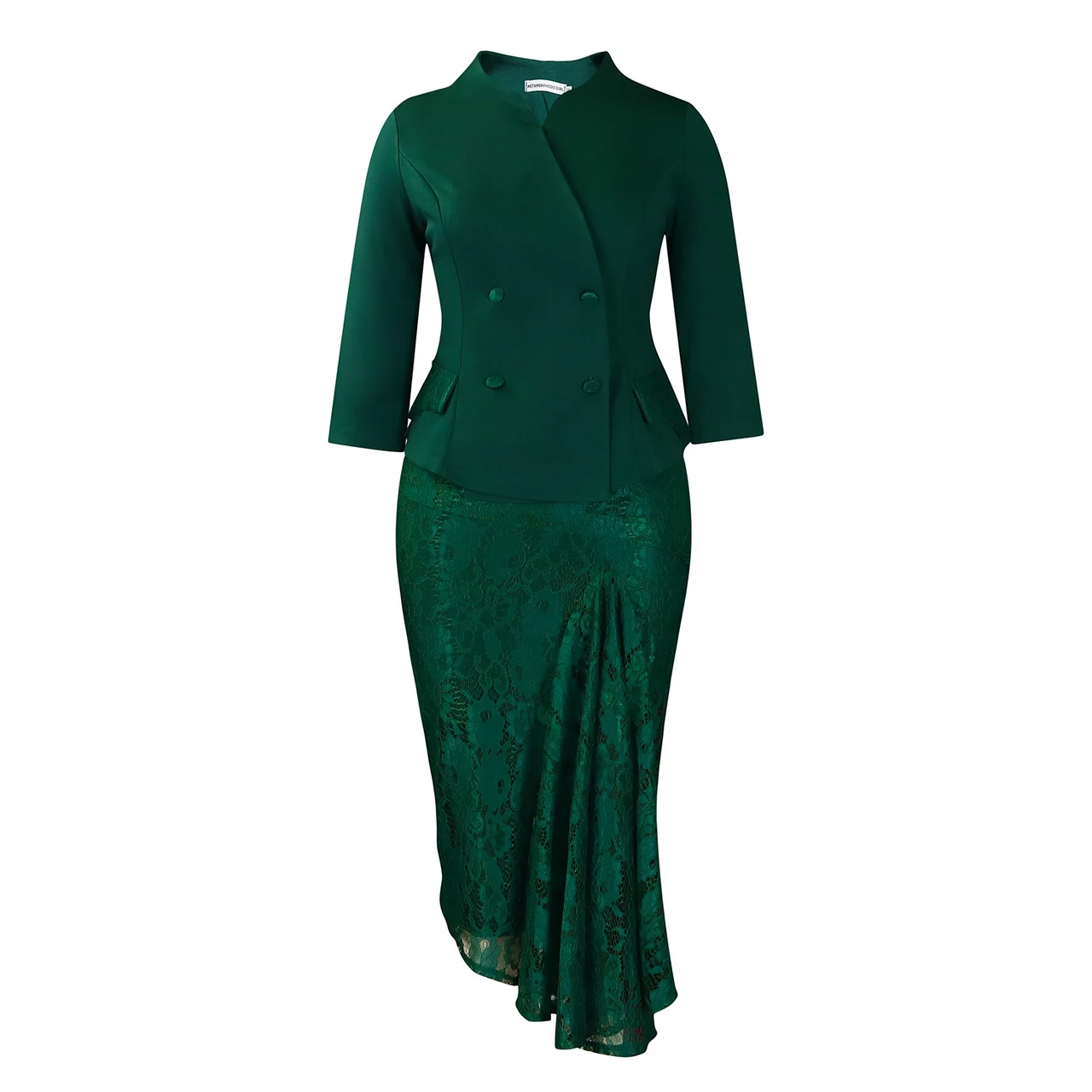 Long Sleeve Top Lace Package Hip Skirt Two-piece Set African Suit - Green
