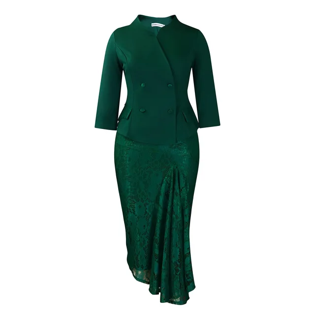 Long Sleeve Top Lace Package Hip Skirt Two piece Set African Suit Green - Shop at LoveMi