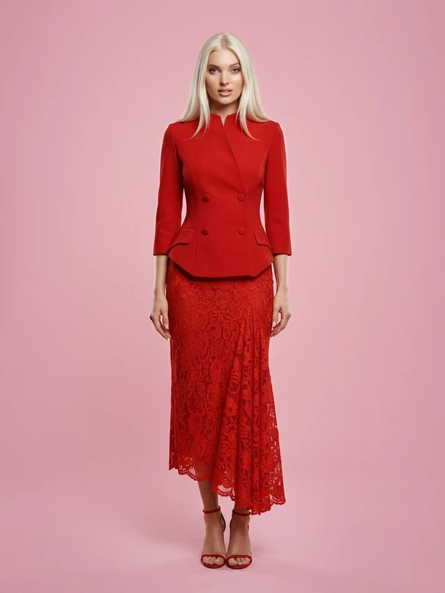 Long Sleeve Top Lace Package Hip Skirt Two piece Set African Suit Red - Shop at LoveMi