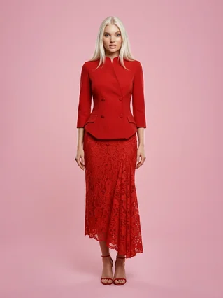 Long Sleeve Top Lace Package Hip Skirt Two-piece Set African Suit - Red